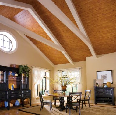 Drop ceiling: stylish tongue and groove set off by faux wooden beams